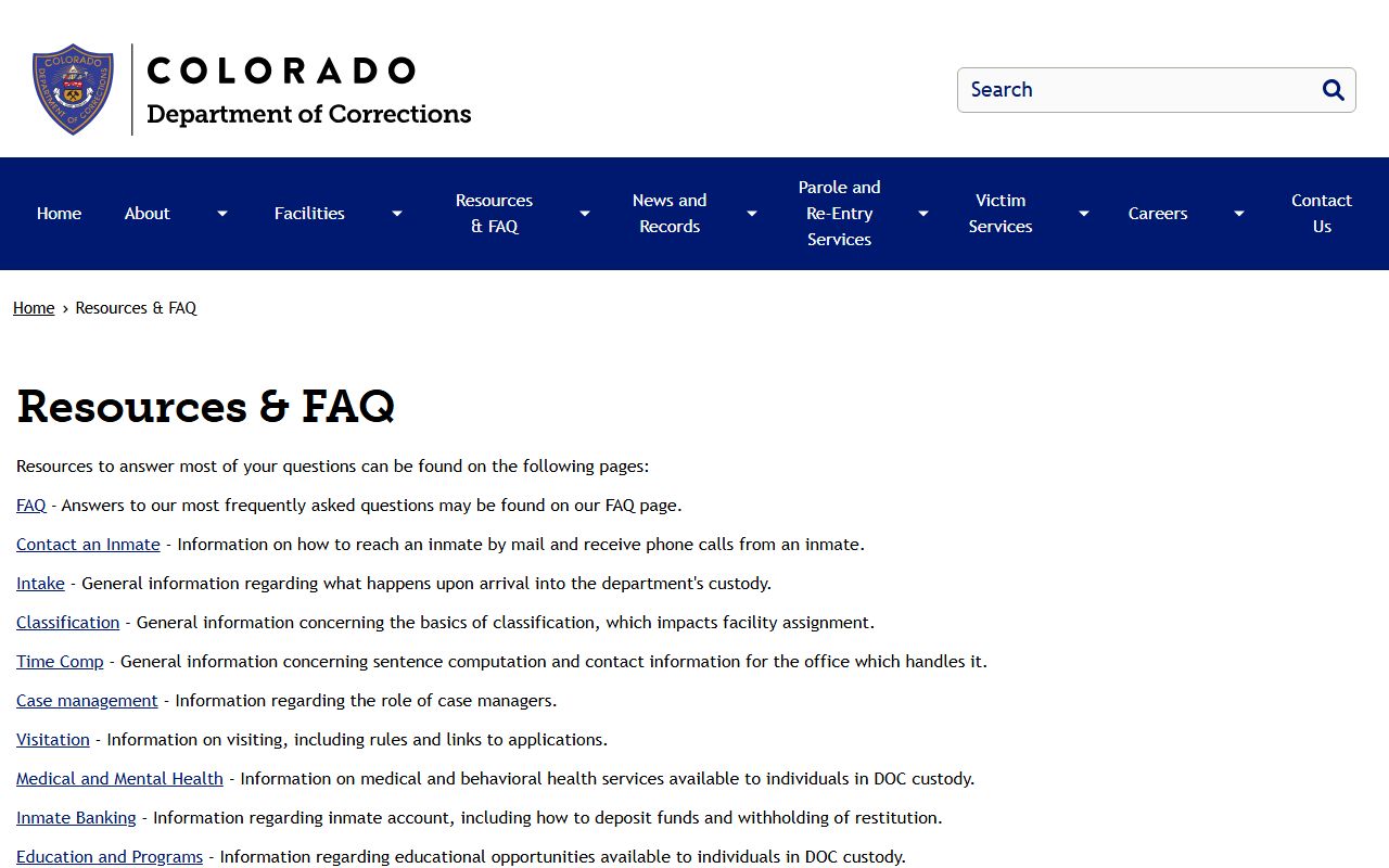 Colorado inmate population resources and FAQ page